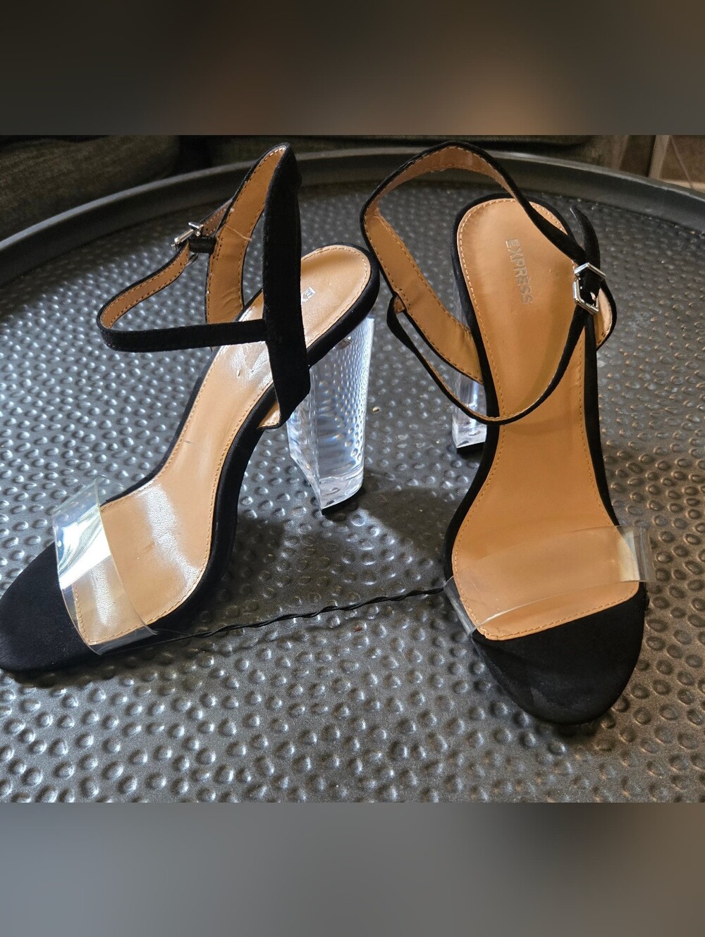 Express Black Sandals with Clear Block Heels